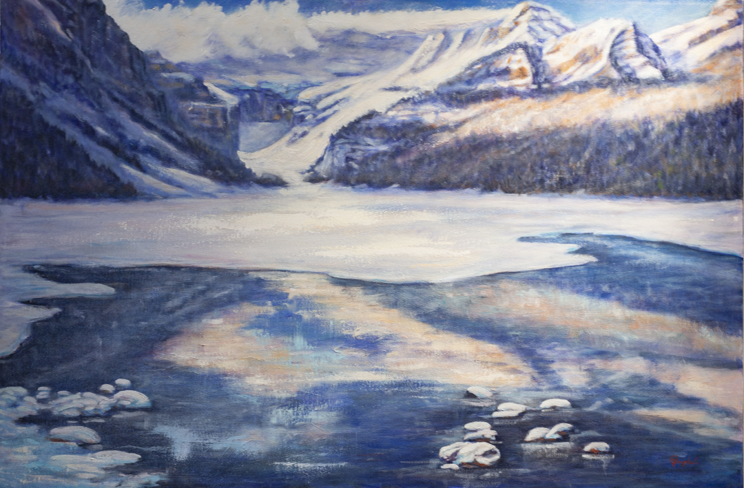 An original oil painting of a beautiful early winter morning at Lake Louise.